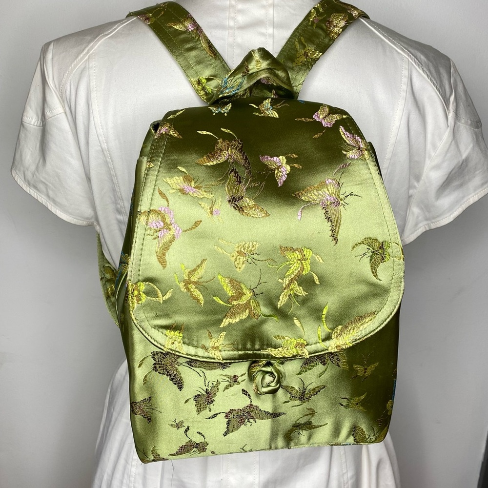 Green Floral Satin Backpack - Elegant Women’s Backpack